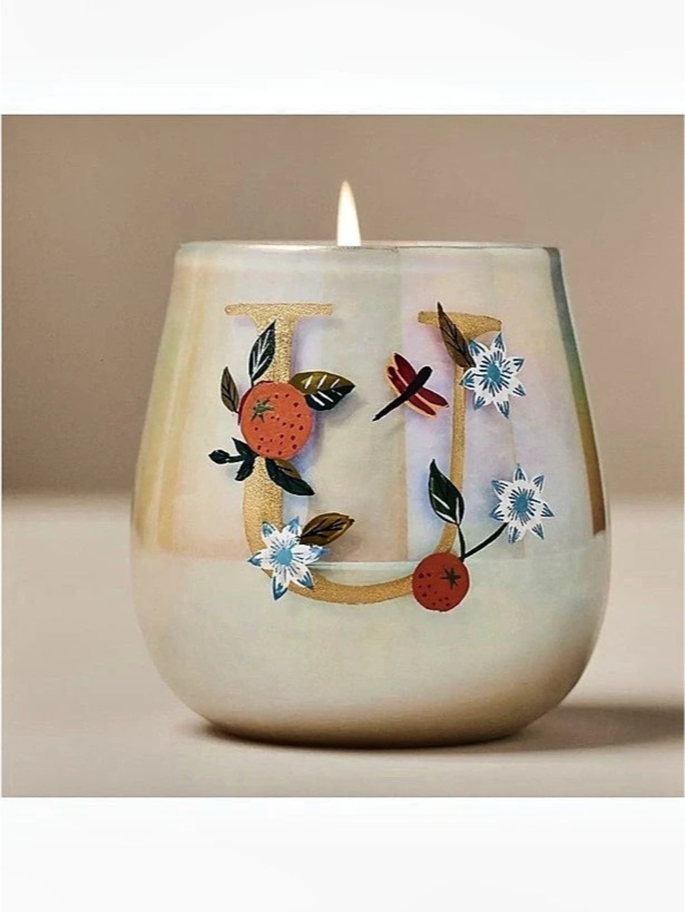 Anthropologie FRUITY MONOGRAM FLORAL NIGHT GARDENIA GLASS CANDLE